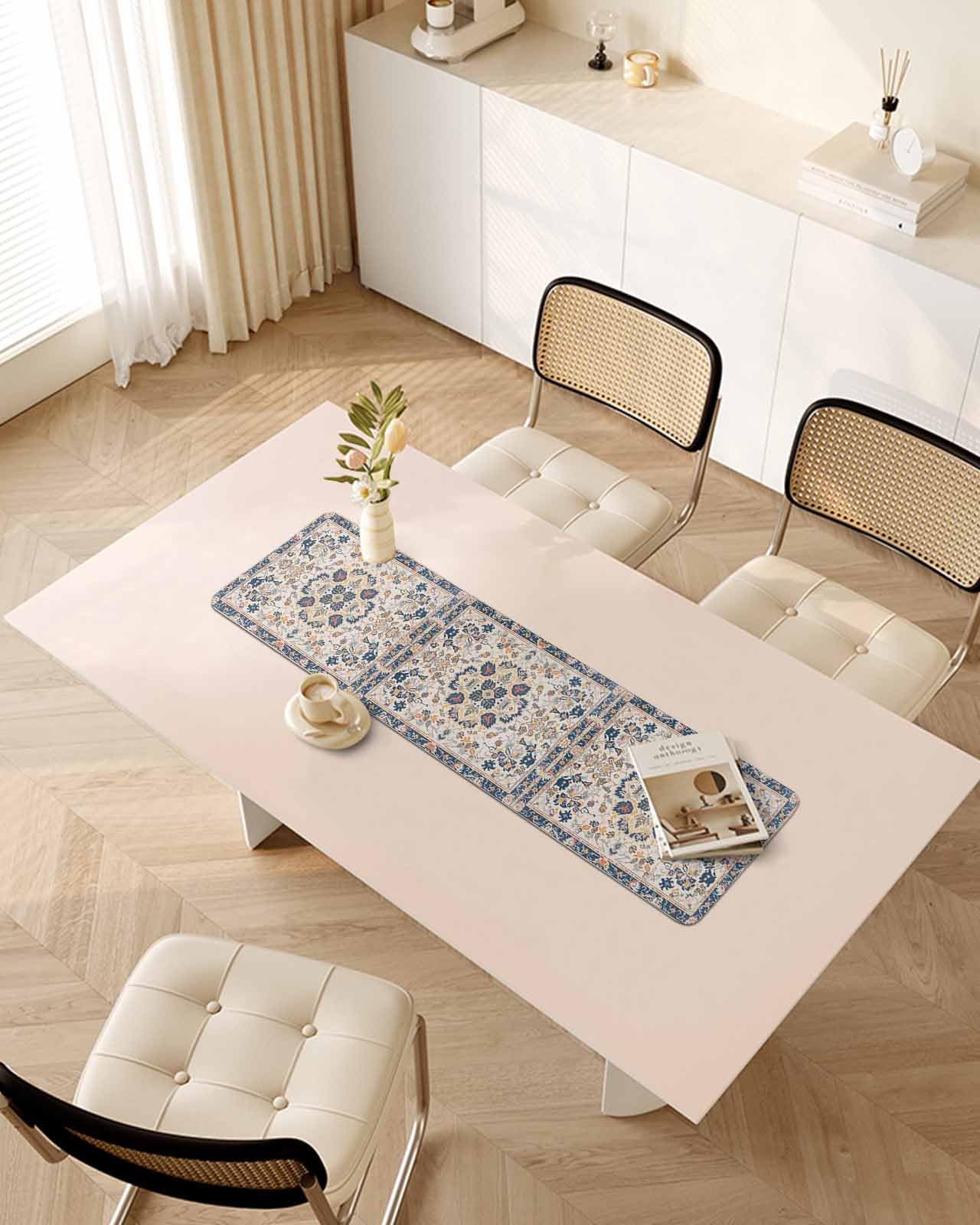Debedcor Heat Proof Table Pads Waterproof Decorative, Boho Beige Retro Non-Slip Table Countertop Protector, Abstract Ethnic Floral Geometric Insulation Mat for Dining Room, 48 x 12 Inches