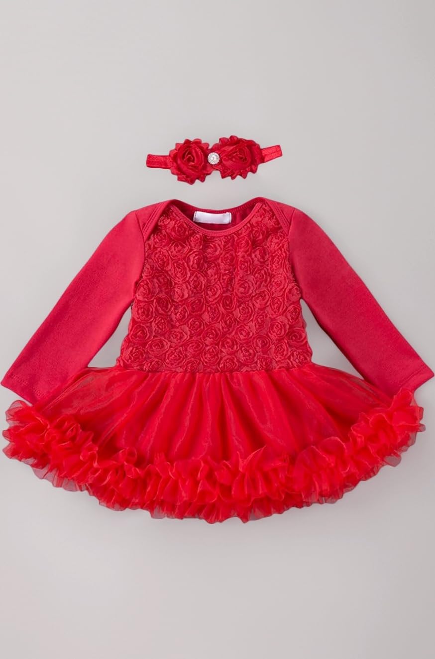 Baby Girls Mini Length Party Dresses In Red Color For Ages (3-6 Months)