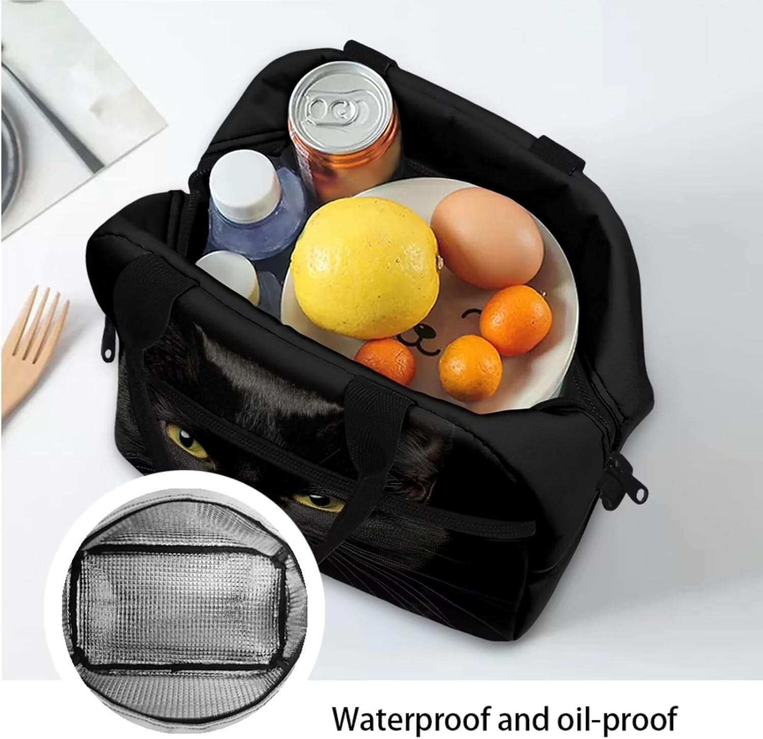 Black Cat Backpack for Boys with Lunch Box Personalized School Bag for Boys 10-12 4 in 1 Cool Animal Pattern Insulated Lunch Bag for Kids Hot Food for Elementary School