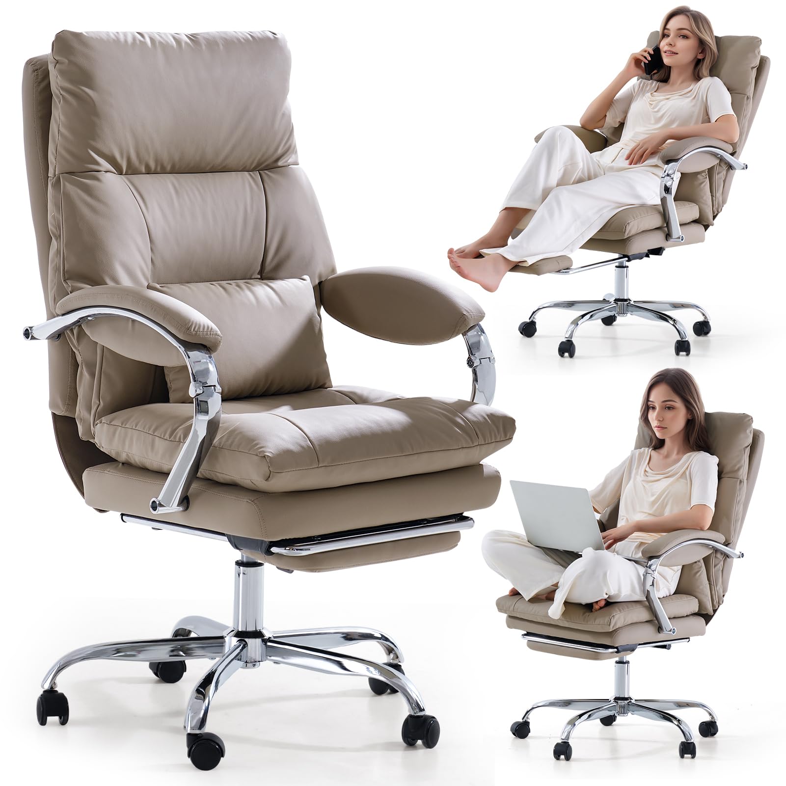 EMIAH Silla de Oficina Ejecutiva con Reposapiés,Silla de Escritorio con Reposabrazos,Silla Ergonómica Acolchado Reclinable de Cuero PU con Ruedas,Silla de Ordenador Giratoria con CojÃn Grueso, Caqui