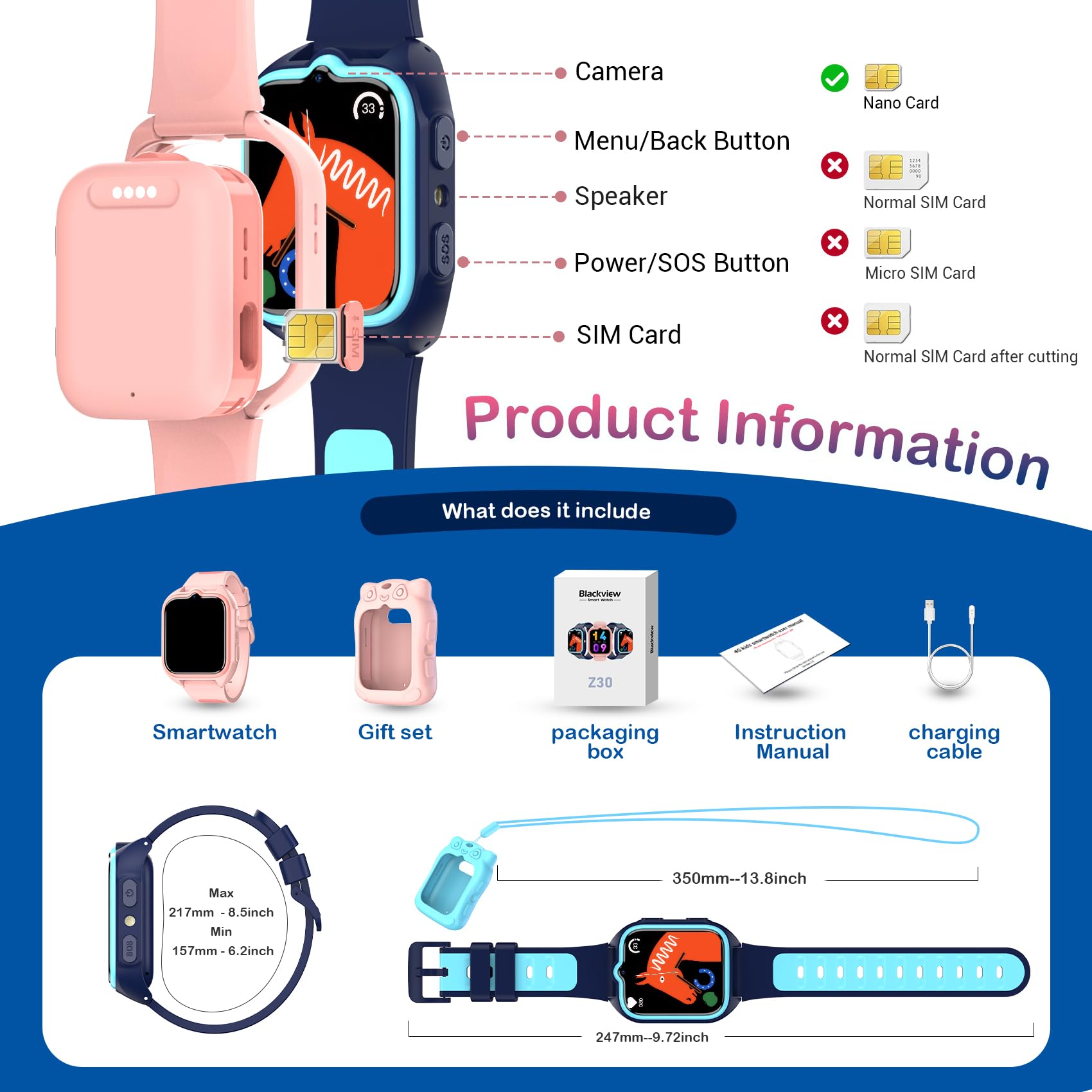 Blackview Smartwatch für Kinder 1,75'' HD-Farb-Touchscreen GPS 4G SOS Notruf Rosa