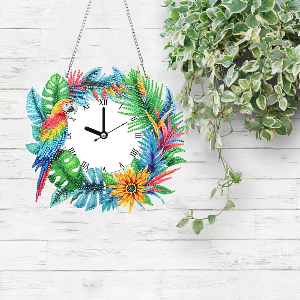 Bird Wreath 5D Diamond Art Clock Kits for Adults, DIY Handicraft Clock with Wreath Design, Diamond Dots Wall Clock with Hanging Chain, Home Living Room Decor, Crafts Gift for Adults Kids