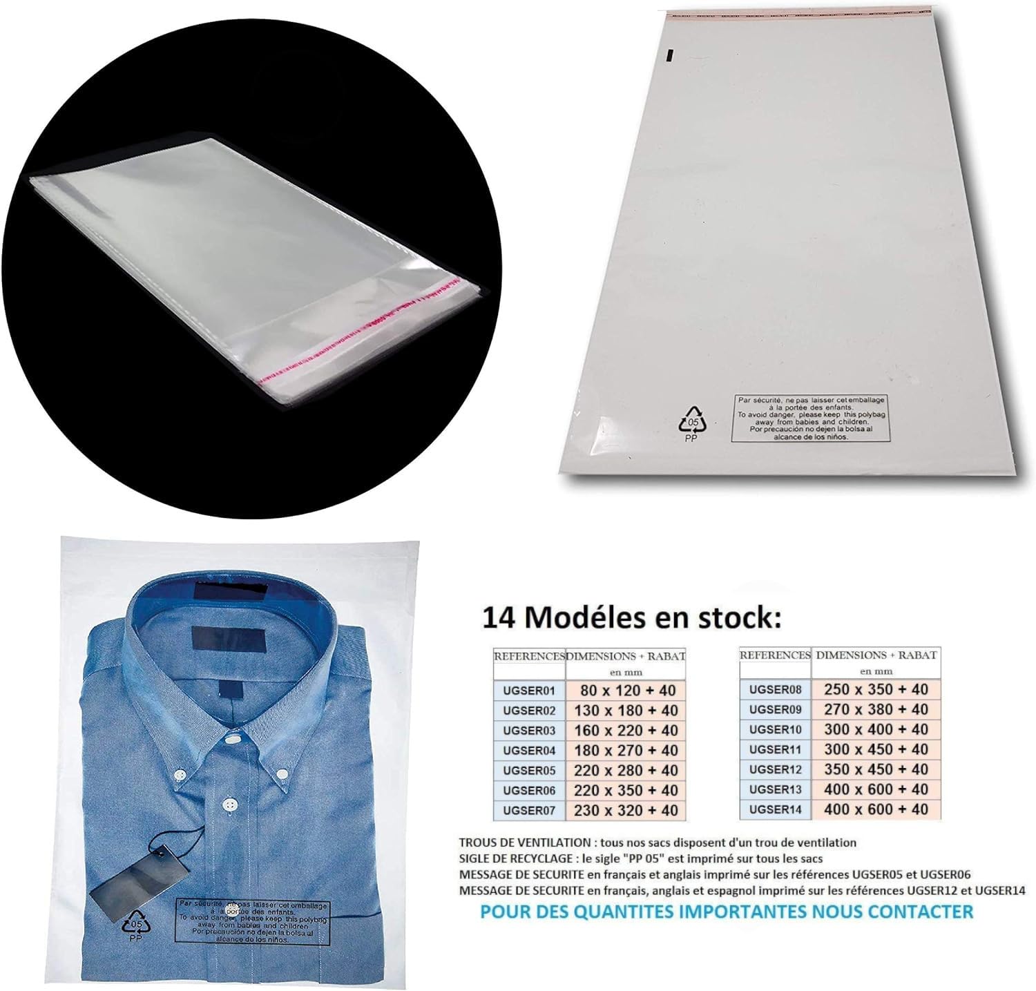 200 Grand Sachet emballage plastique transparent à fermeture adhésive repositionnable haute brillance 500 x 700 mm + rabat 40 mm pochette emballage sachet conditionnement avec texte légal sécurité