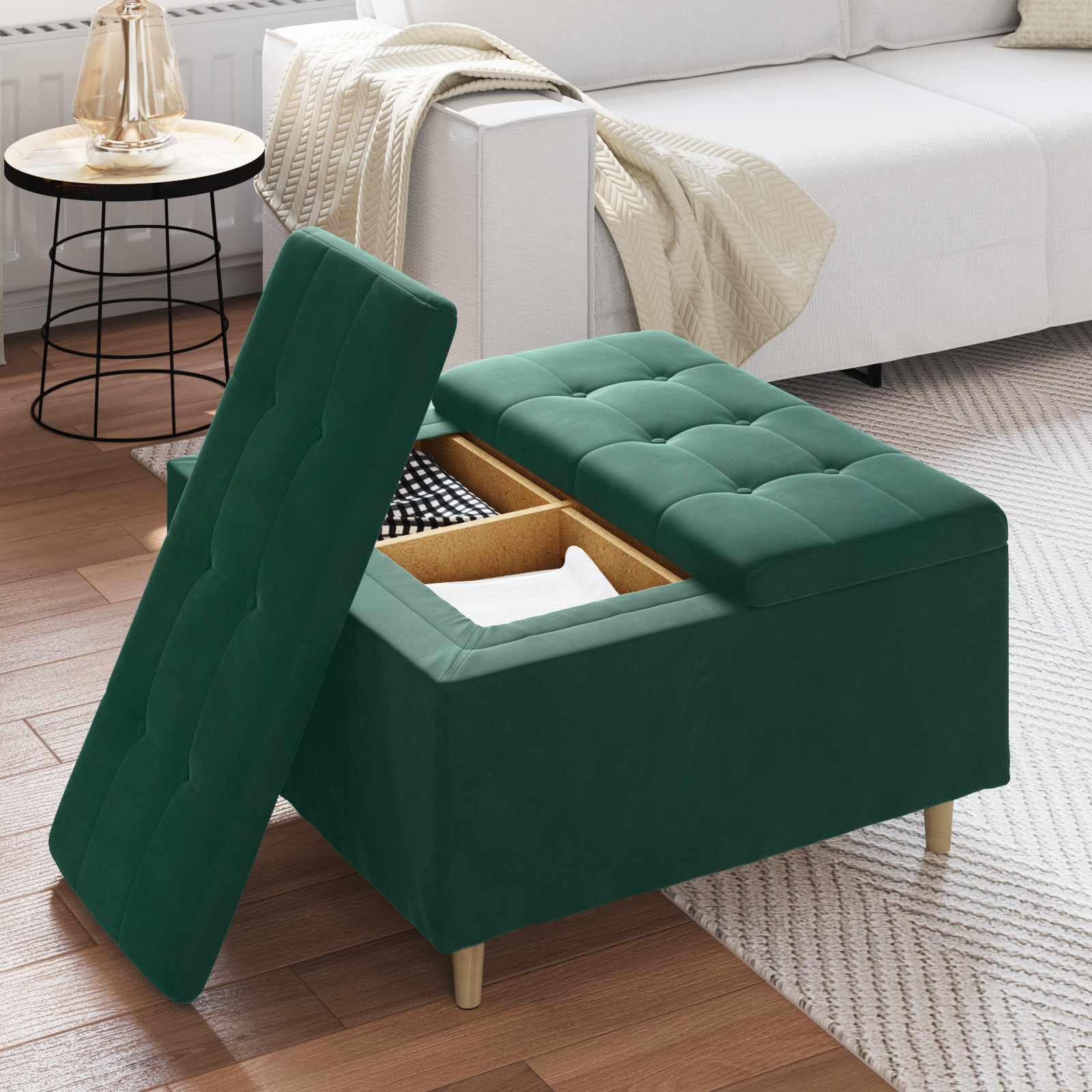 Ottomana con vano portaoggetti, verde scuro, 80 x 80 x 45 cm
