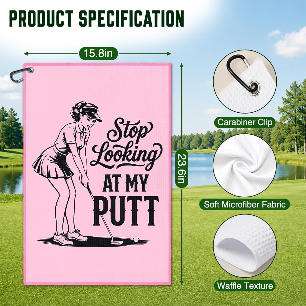 Stop Looking At My Pink Waffle Golf Towel with Clip, Golf Presents | Retro Golfing Accessories for Women, Ladies Golf Towel, Birthday Retirement Gifts for Golfer Mom Aunt Grandma Wife Bestie