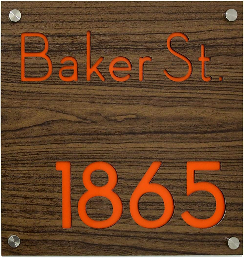 Modern House Numbers, Square Walnut Aluminum with Orange Acrylic - Contemporary Home Address -Sign Plaque - Door Number - Hotel Room