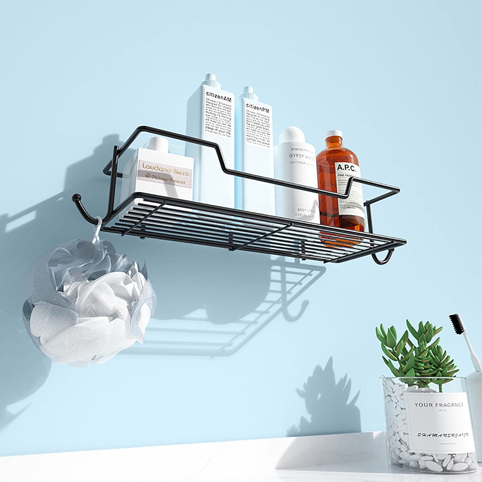 Estantes de baño exquisitos Estante de baño montado en la Pared Estante de Ducha Adhesivo para Pared Sin perforación Soporte de Almacenamiento de Pared de baño de Cocina de Acero Inoxidable/a
