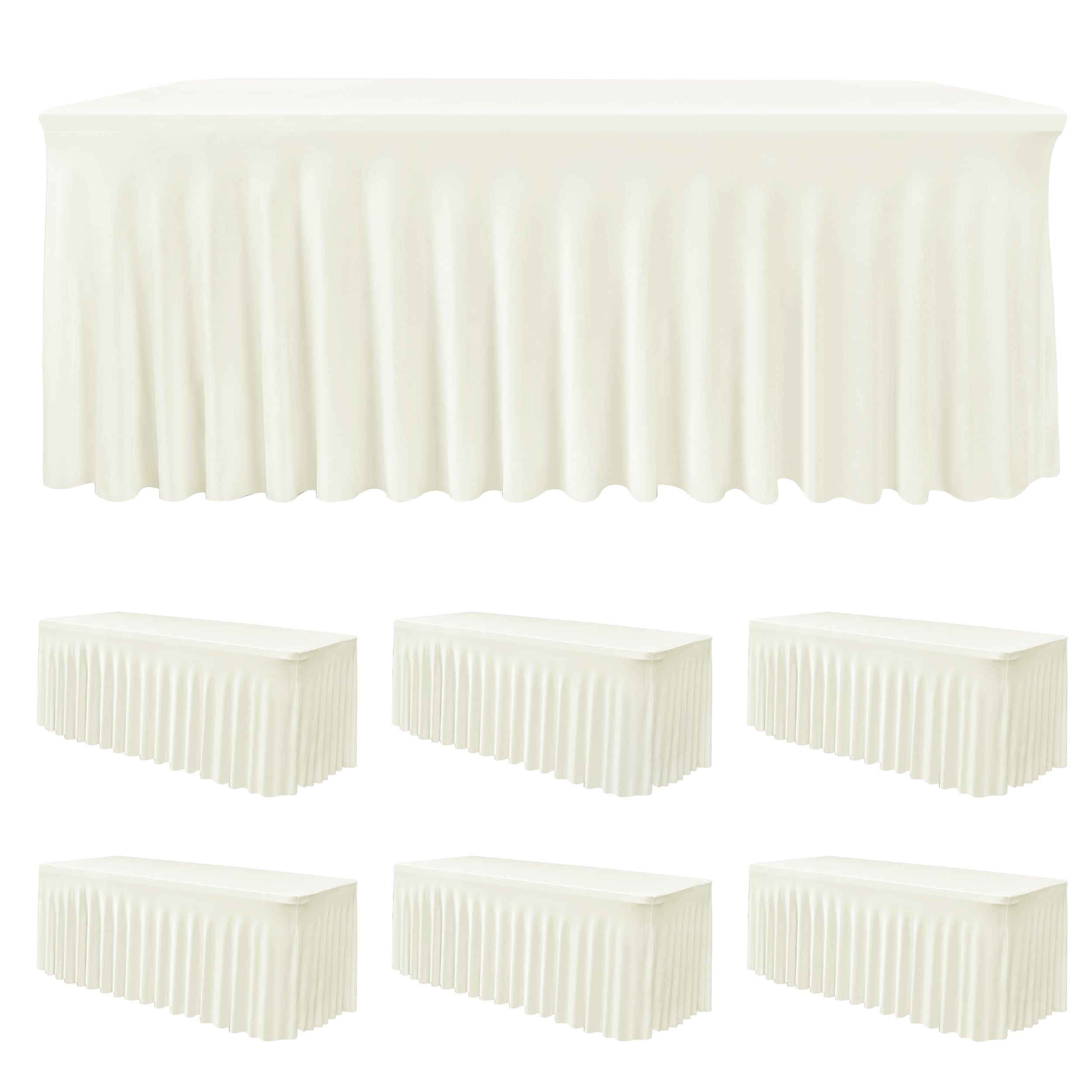 6 Pack Beige Spandex Table Covers 6ft Rectangle Ruffle Skirts for Party