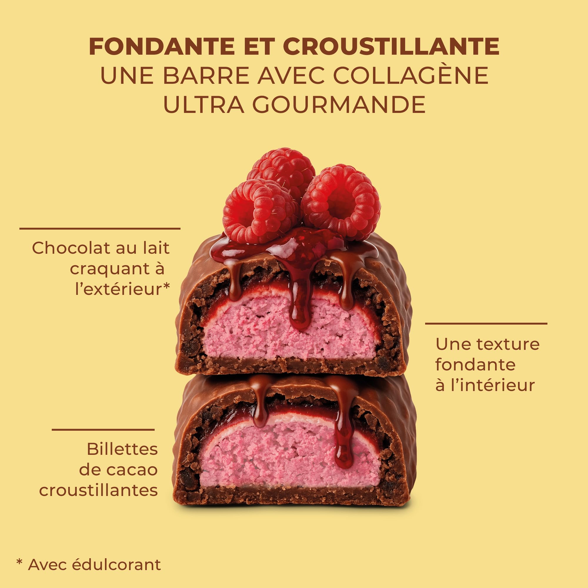 ZOHI - Barre avec Collagène saveur Chocolat et Framboise - Riche en Protéines et Moins de 2g de Sucres - Enrobée de Chocolat au Lait et Billettes Croustillantes - 50g (Pack de 12)