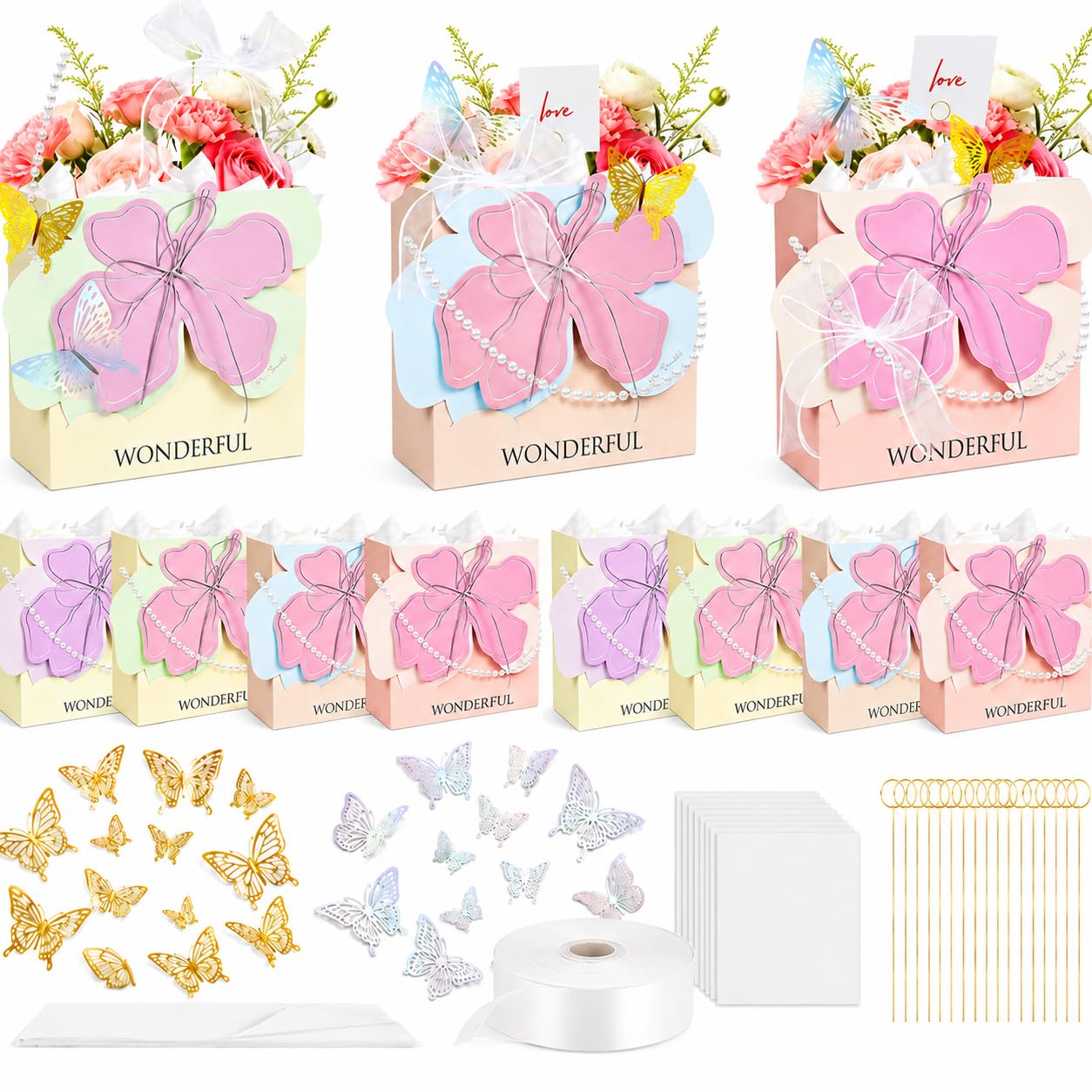 Cinrobiye Lot de 12 sacs cadeaux floraux en papier avec poignées, ruban, porte-cartes et papillons 3D pour emballage de fleurs, fête des mères, appréciation des enseignants, mariage, anniversaire