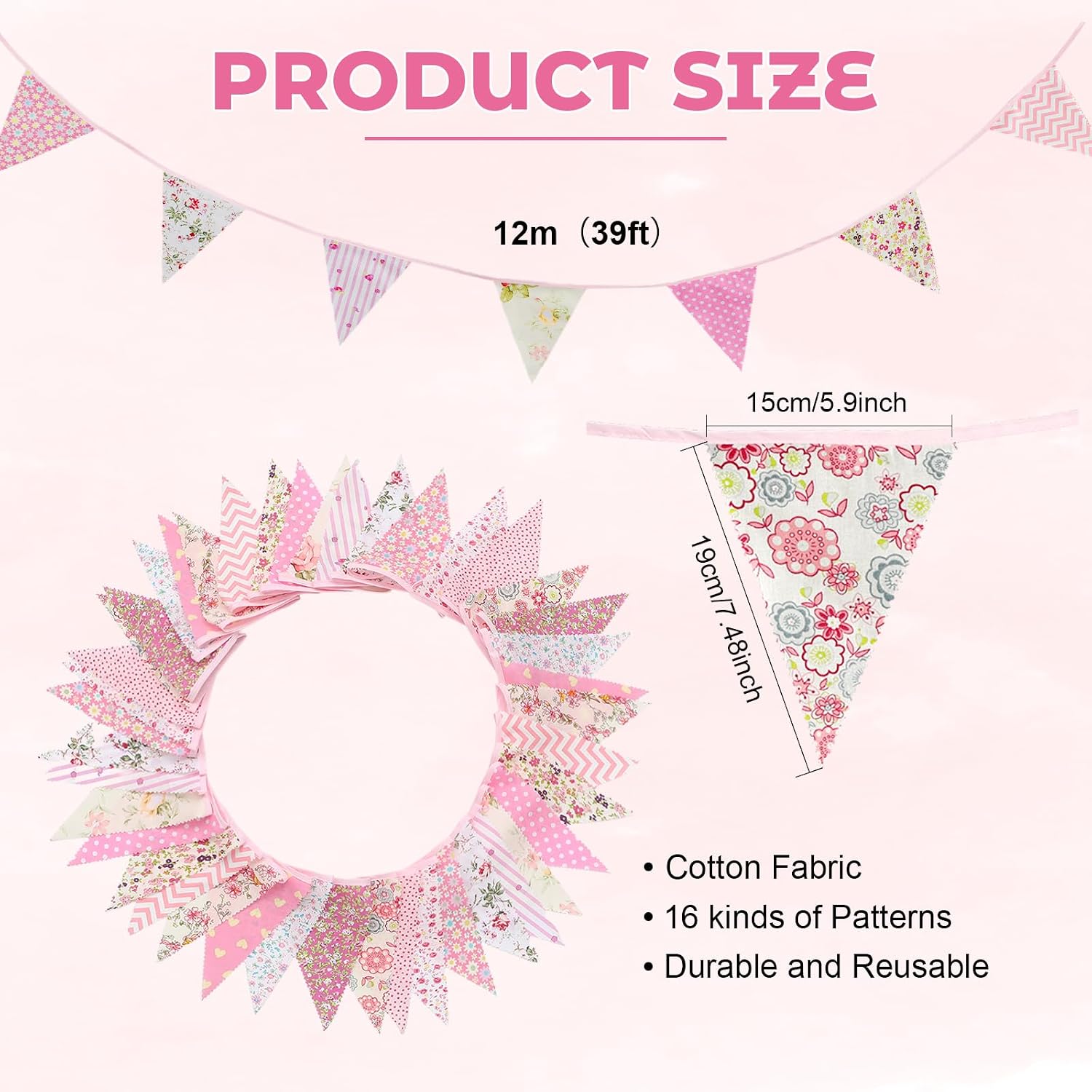 35 Pcs Spring Party Decorations Include 10 Fiesta Paper Flowers 39 ft Pink Floral Fabric Triangle Bunting Banner 24 3D Butterfly Magnets Wall Stickers for Spring Wedding Party Favors
