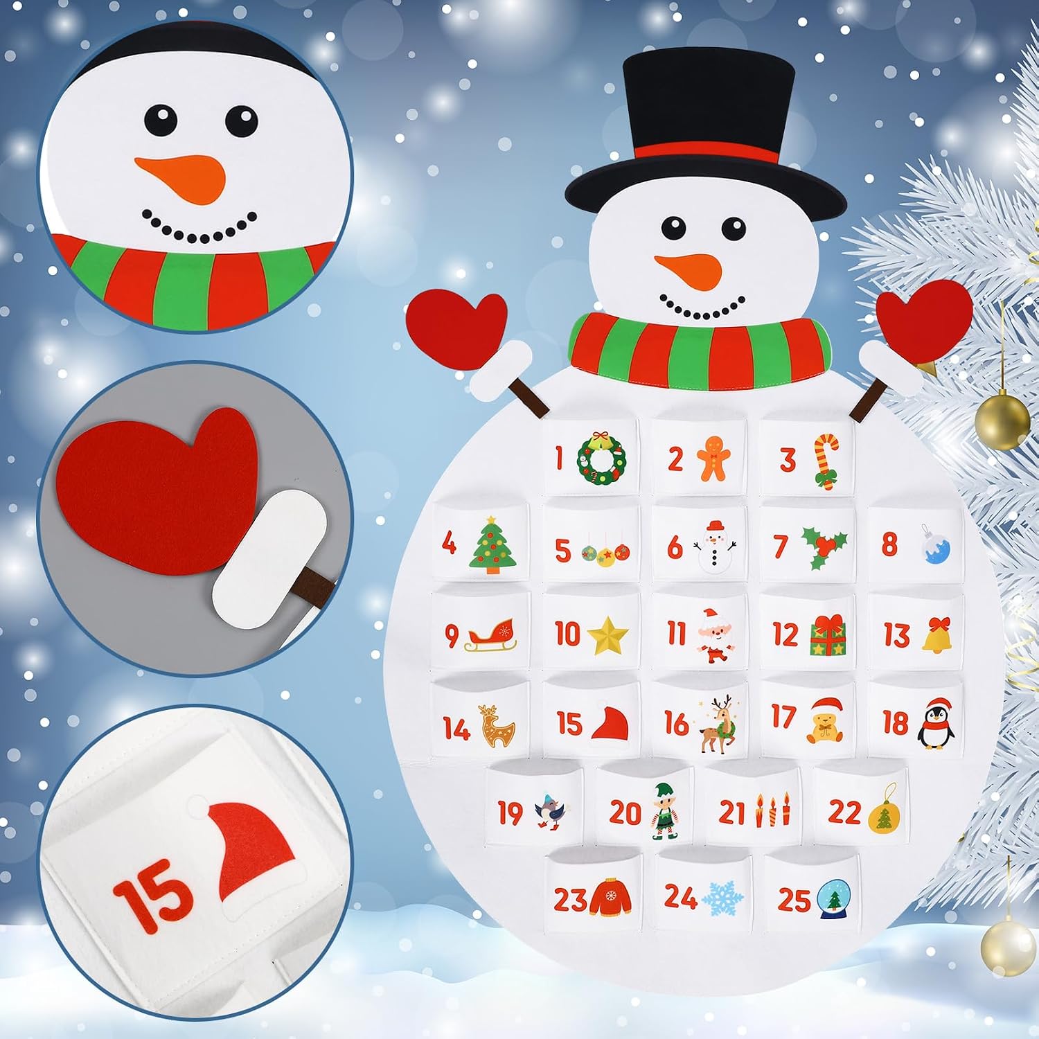 Newwiee Christmas Hanging Advent Calendar with 24 Days Pockets Count Down to Christmas Decorative and Reusable Xmas Countdown Calendar Wall for Home Door Snowman Countdown Decor, 40 x 25.5 Inches