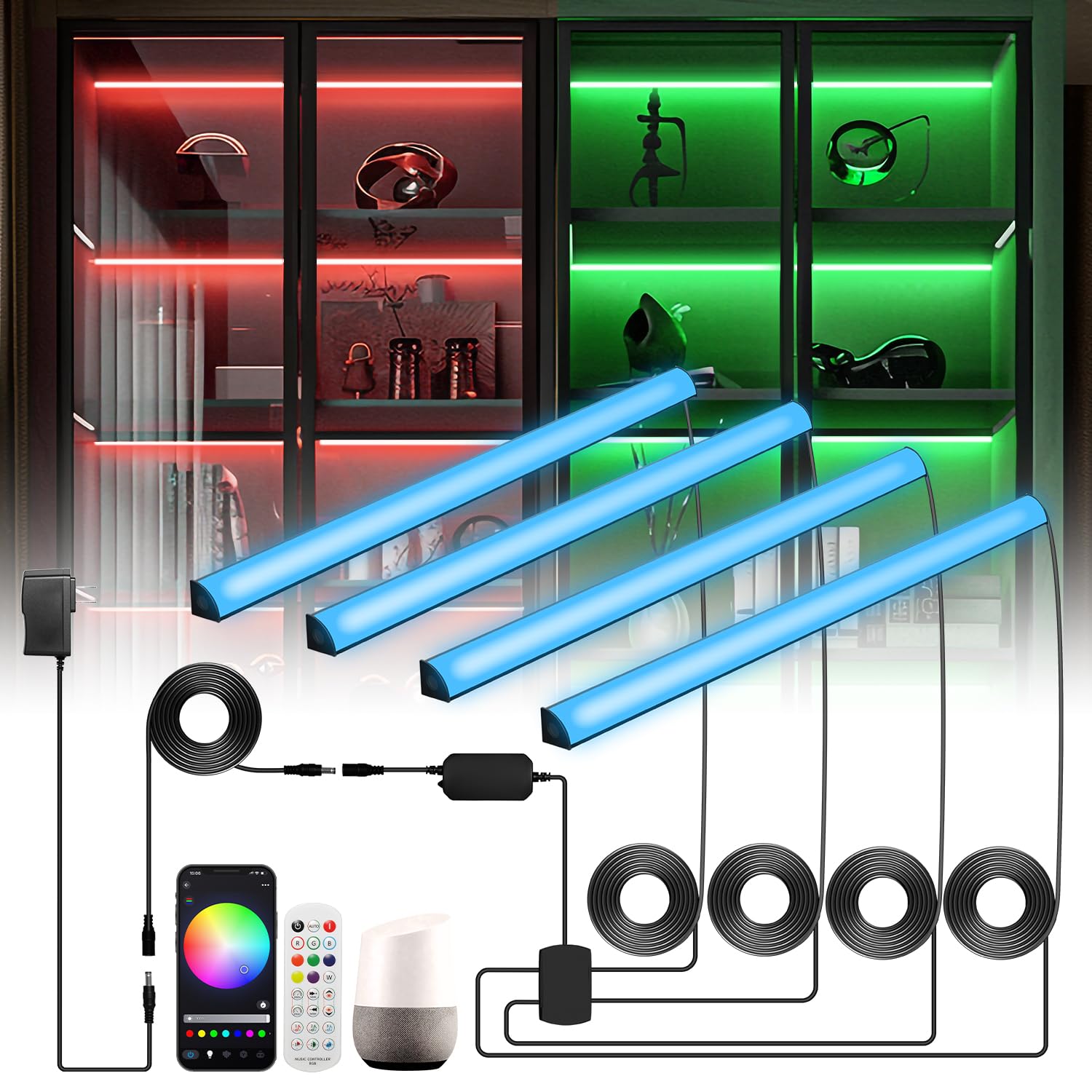 Black RGB LED Shelf Lights, Smart Bookshelf Lights Compatible with Alexa WiFi Dimmable for Display Case, Bookcase, Bar, Cabinet and Under Shelf with App, Remote, Memory Function (4Pcs 12.5In)
