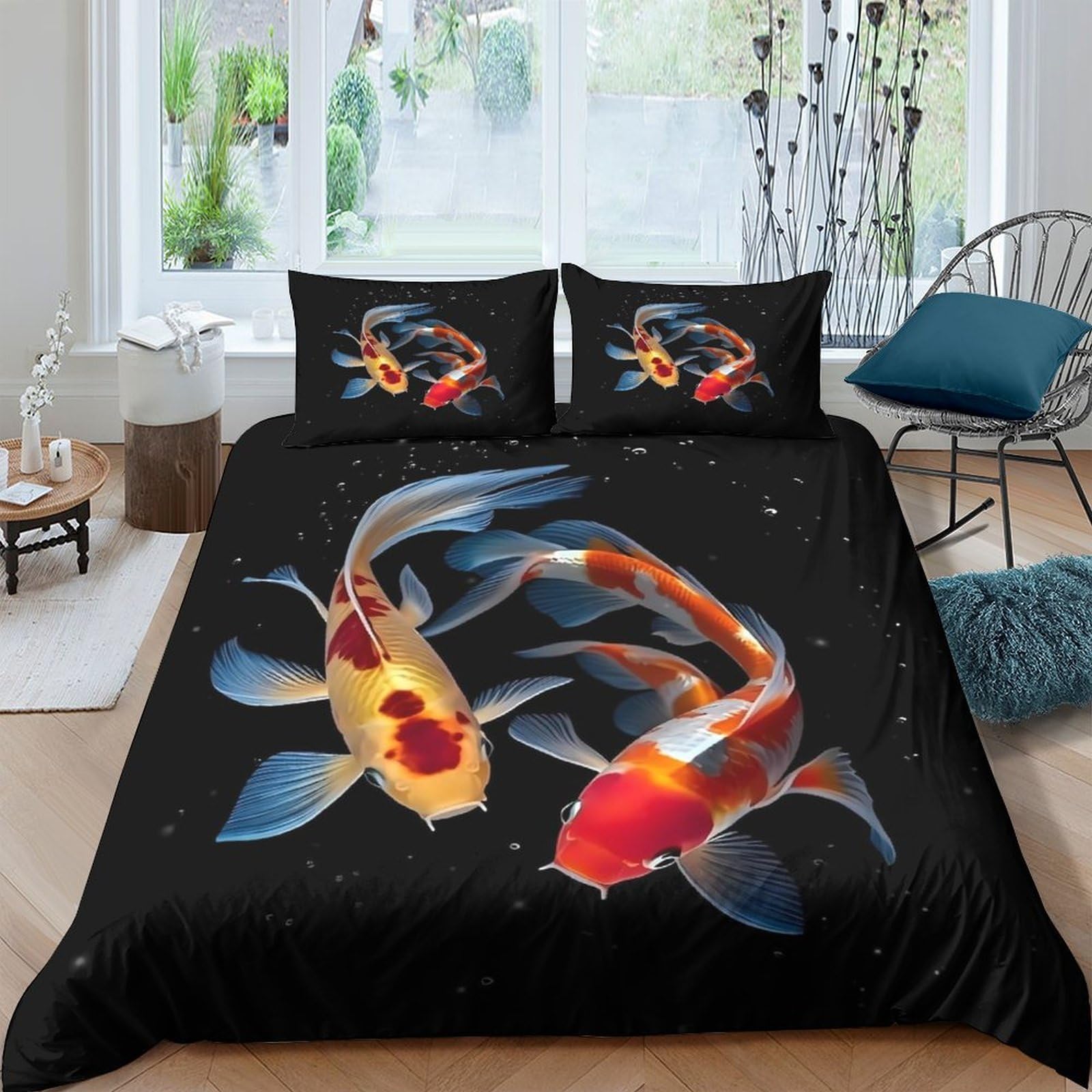 Ctjqhvkz Style-5 3D Printed Koi Fish Fitted Sheet Microfiber Soft Black Bed Cover For Bedroom Dorm Mattress Protection Artistic Decor Single（135X200cm）