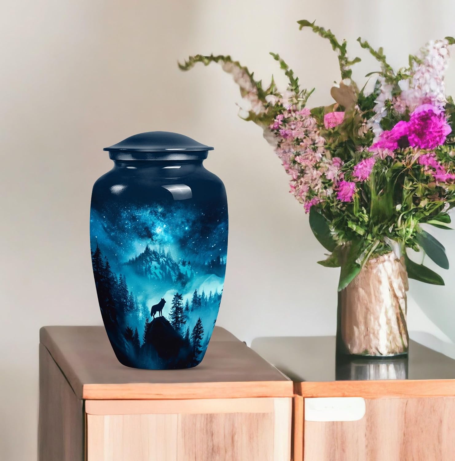 Wolf Urns for Human Ashes Adult Female - Small Urns for Human Ashes Keepsake - Combo of 5, Large Cremation Urn for Women - Blue Funeral Urn for Dad 10 Inch & 3 Inch