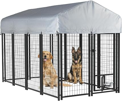 LEMBERI 8x4x4 Outside Dog Kennel with Roof for Large Dogs,Heavy Duty Welded Wire Steel Dog Playpen Fence with Secure Lock, Pet Pen with UV-Resistant Waterproof Cover 93.1L x 50.4W x 56.6H