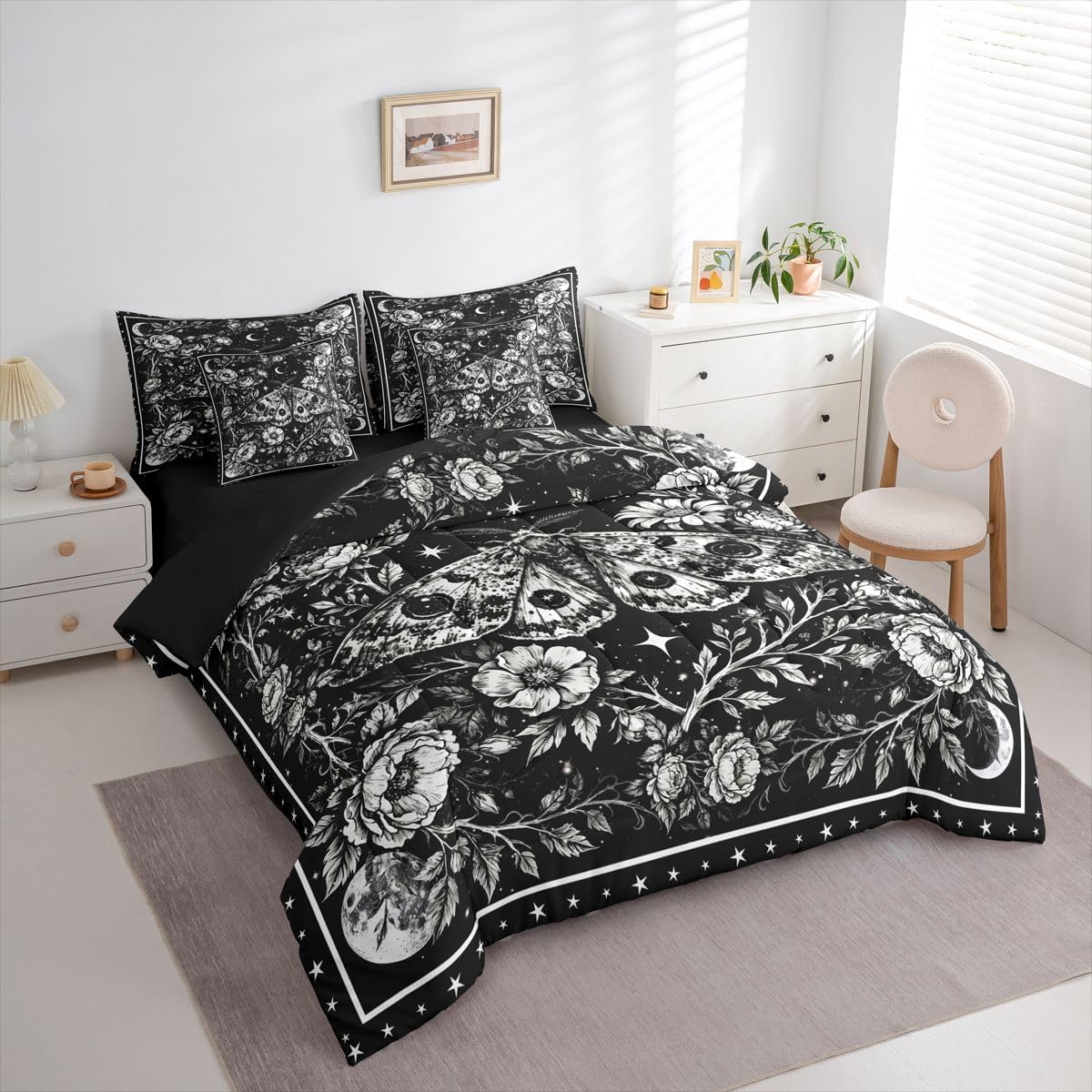 Erosebridal Goth Queen Comforter Set with Sheets | Dead Moth 7-Piece Bedding Set Vintage Rustic Floral Bed in a Bag, Galaxy Aesthetic Animal Bed Sets Black Gothic Decor