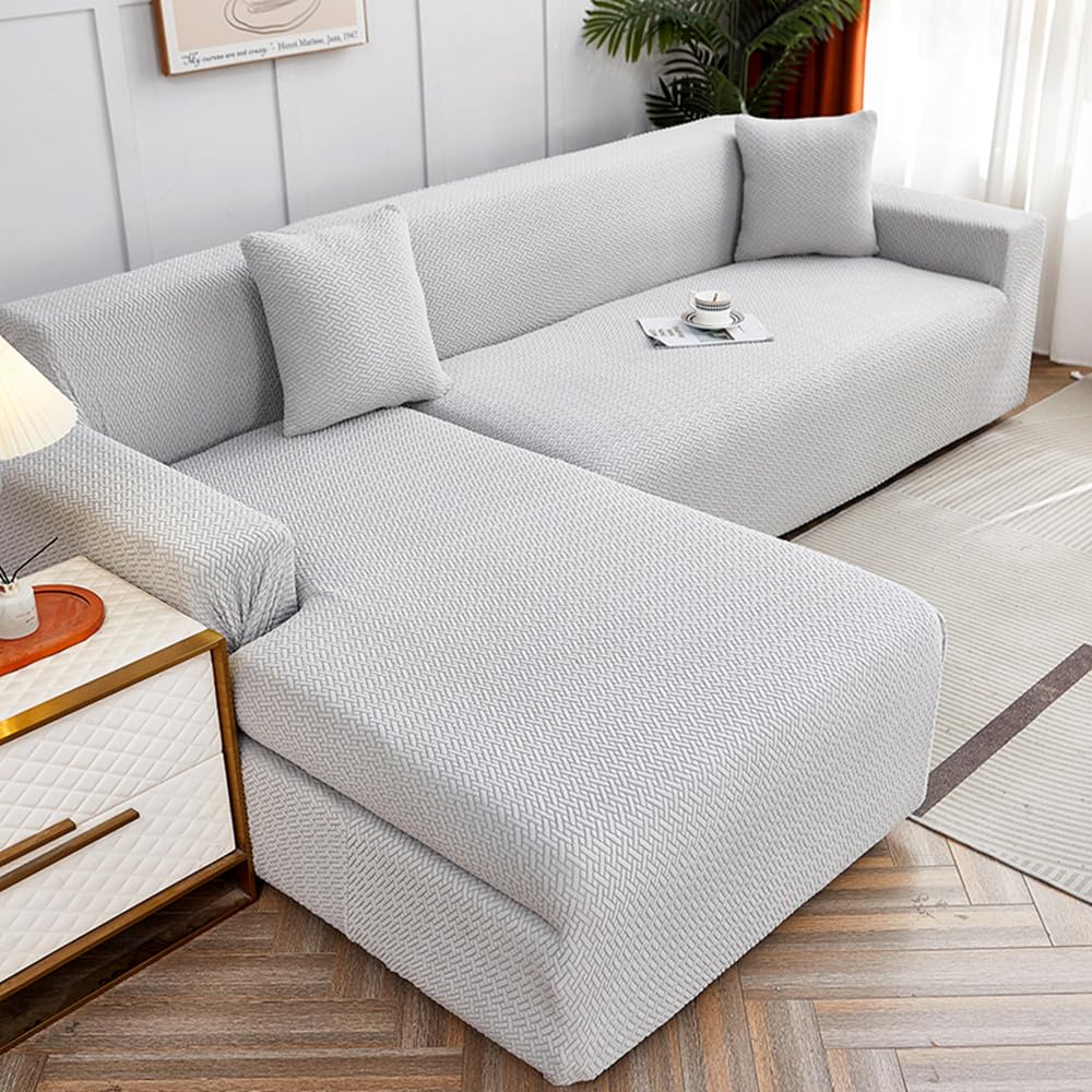 Housse canape extensible jacquard gris clair 4 places protection salon