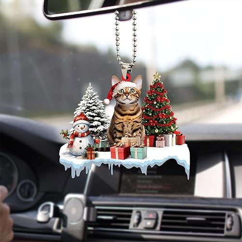 Miniatura 6 de Talataca Adorno de Navidad plano 2D de gato Bengalí, cajas de regalo de Gato Bengalí, decoración de árbol de pino, colgante de casa colgante para