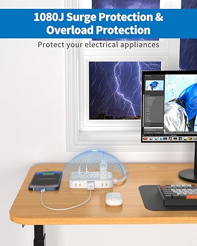 Miniatura 4 de Cable de extensión plano de 10 pies, enchufe plano protector de sobretensiones con 6 tomacorrientes, 4 puertos USB, extensor de toma de corriente