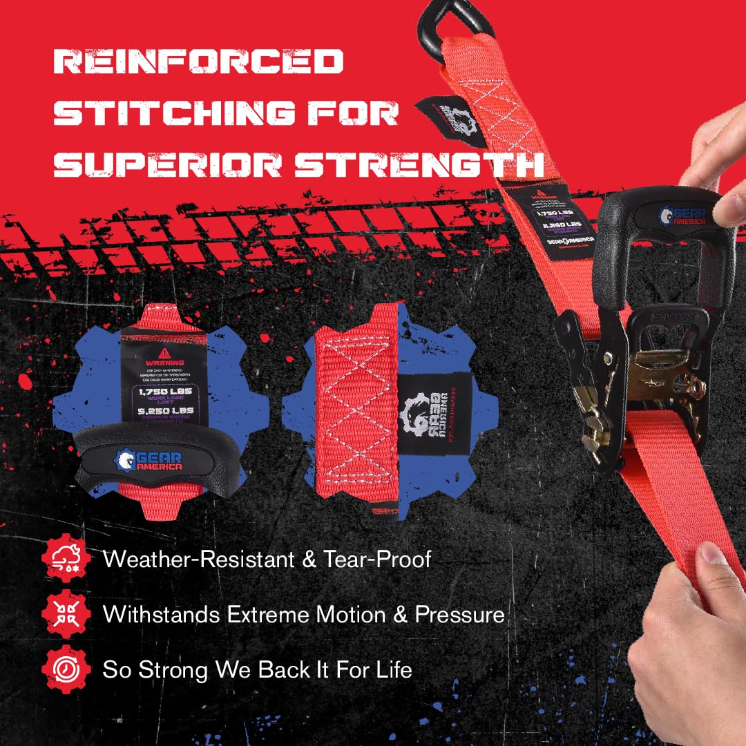 GearAmerica - Cinghie a cricchetto resistenti da 4,1 cm x 4,1 cm, kit di fissaggio per carichi, camion, moto, resistenza alla rottura di 826,9 kg con passanti morbidi, ganci a S rivestiti in gomma con