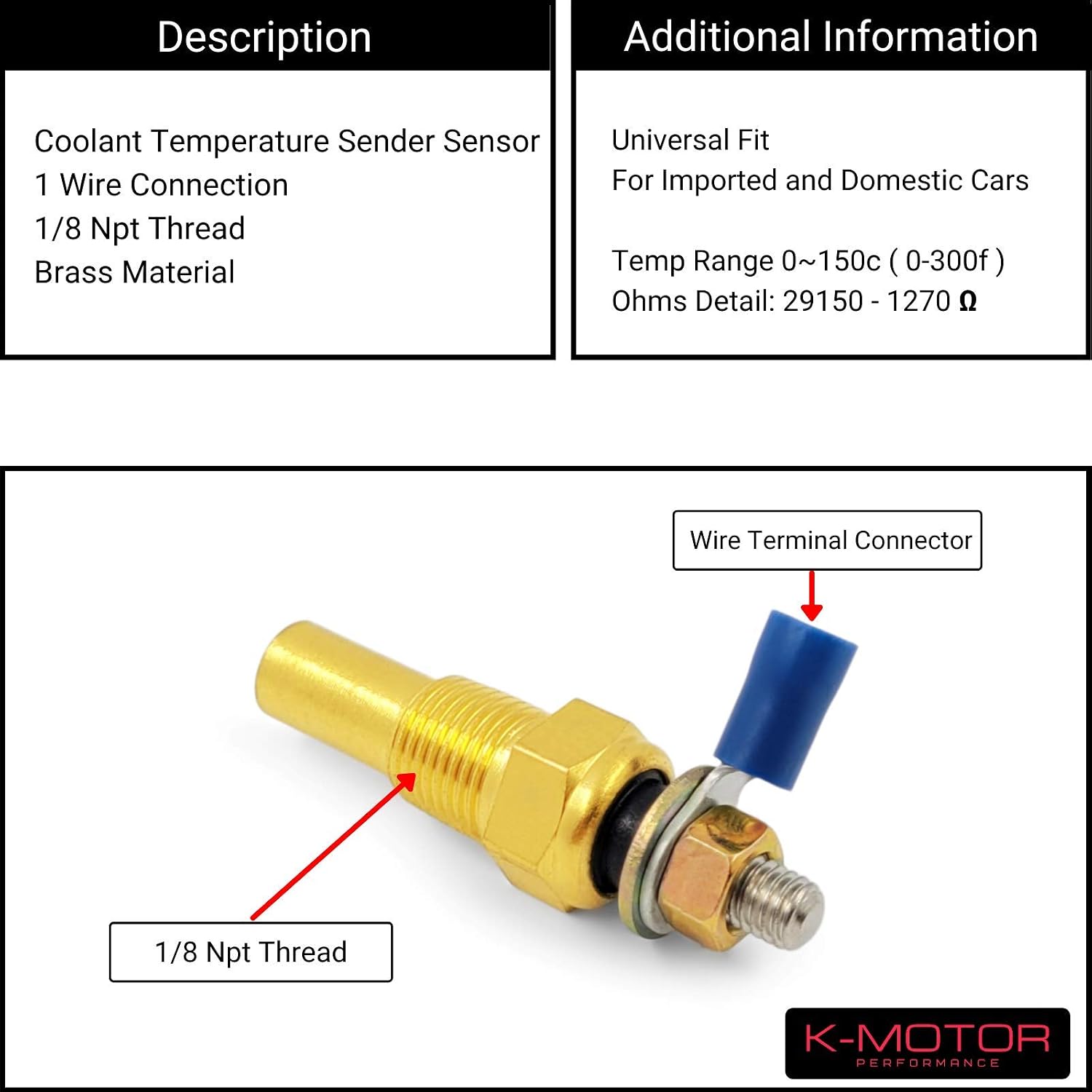 1/8 NPT Temperature Sender Sensor for Water Coolant Oil - Electrical Temp Sending Unit