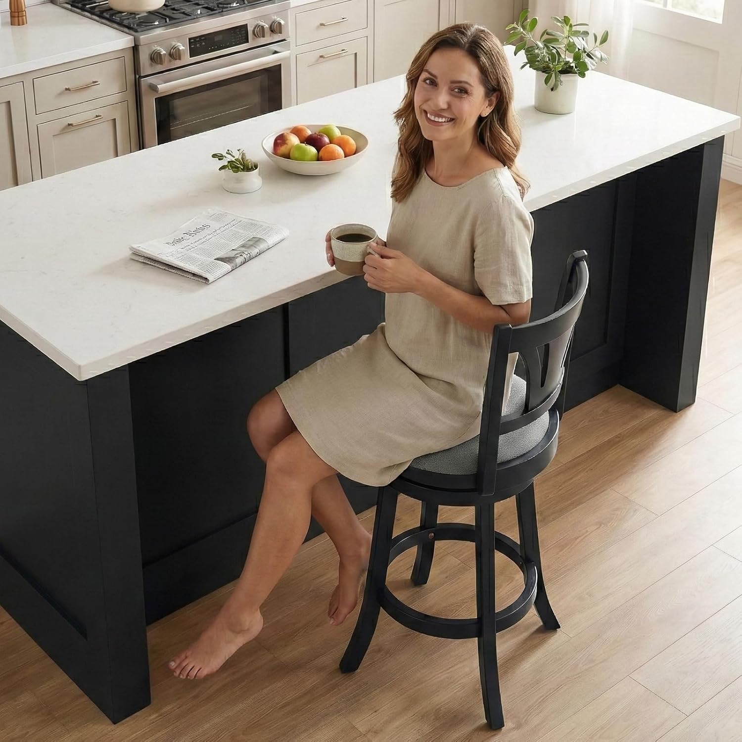 MALOL Swivel Bar Stools Set of 4, 26 Inch Counter Height Barstool with Silent Rotation, High-Density Foam Cushion, Solid Wood Frame, Footrest & Anti-Slip Pads for Kitchen Islands and Home Bars (Grey)