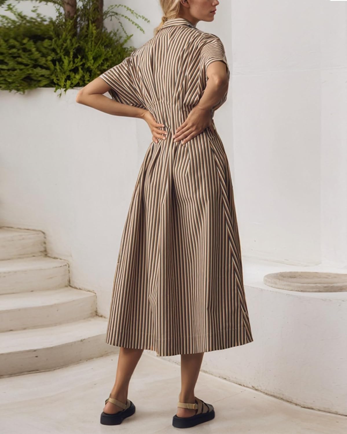 LADYFUL Women's Button Down Shirt Dress Short Sleeve Elegant Midi Dress Work Party Wedding Guest Dress - Image 3