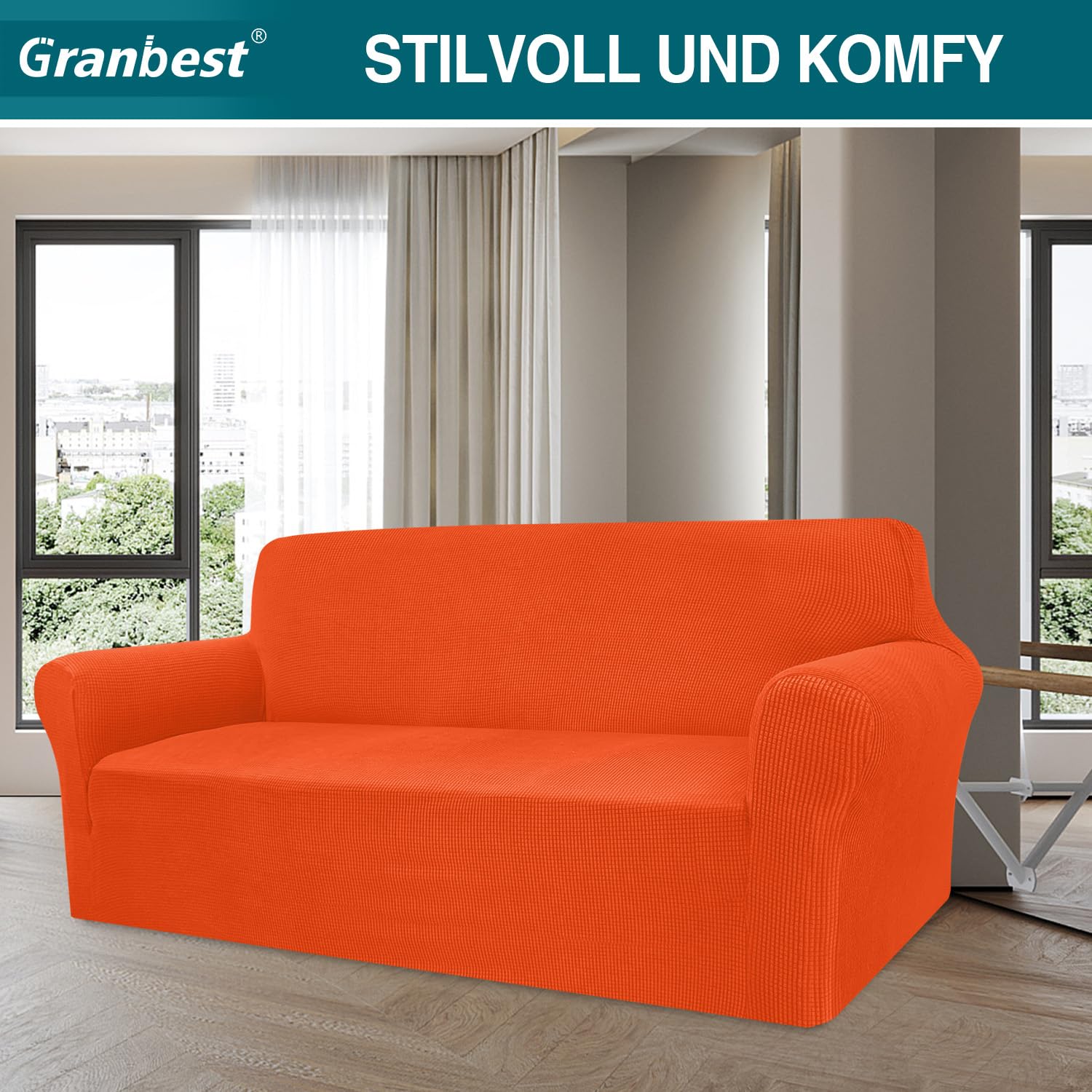 Granbest - Copridivano altamente elasticizzato, moderno, jacquard, per soggiorno, funge da protezione per cani e animali domestici (3 posti, arancione)