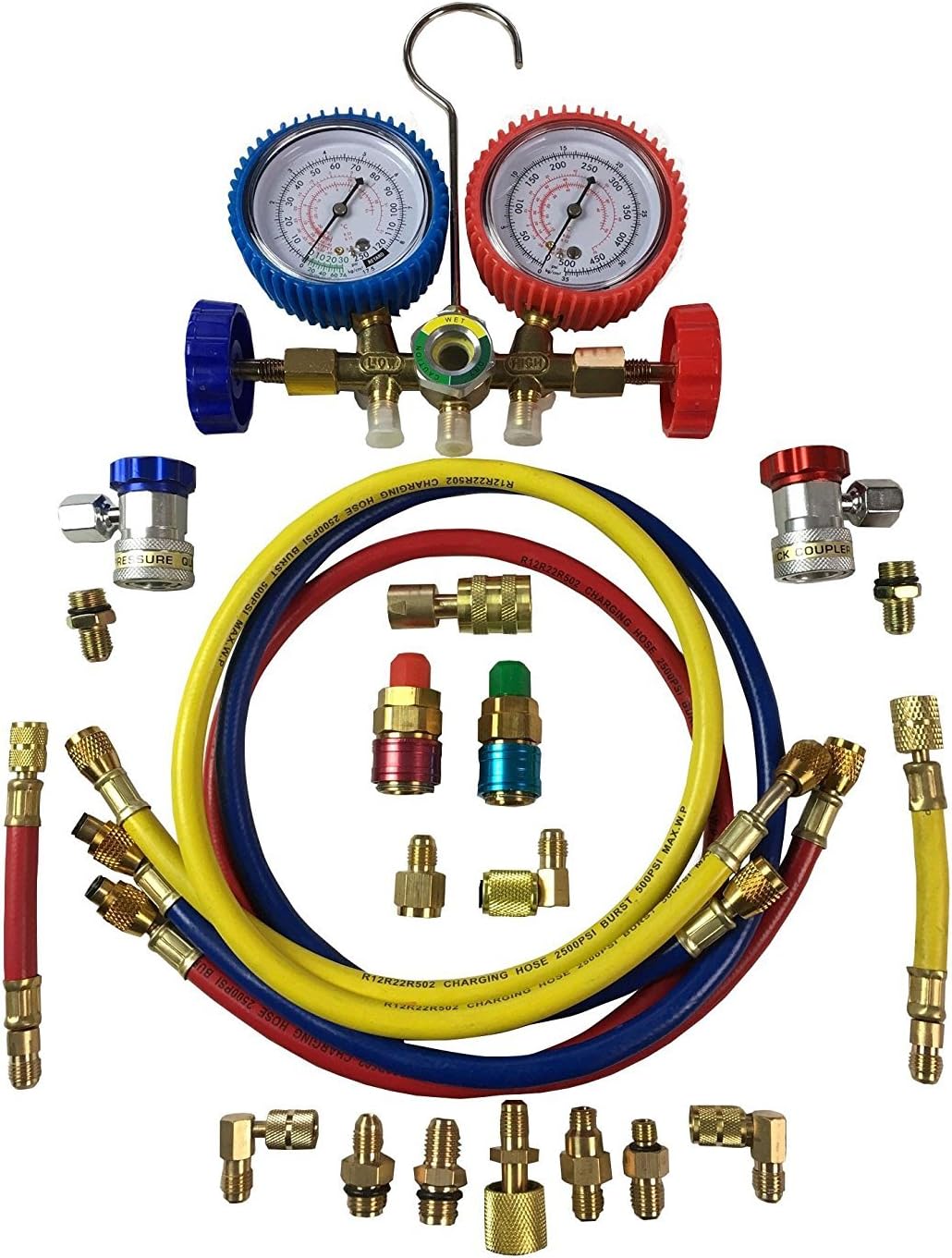 Steel Workers Deluxe Auto A/C Manifold Gauge 22 Piece Professional Set R-134A Refridgeration Air Conditioner Diagnostic AC with Quick Release Couplers