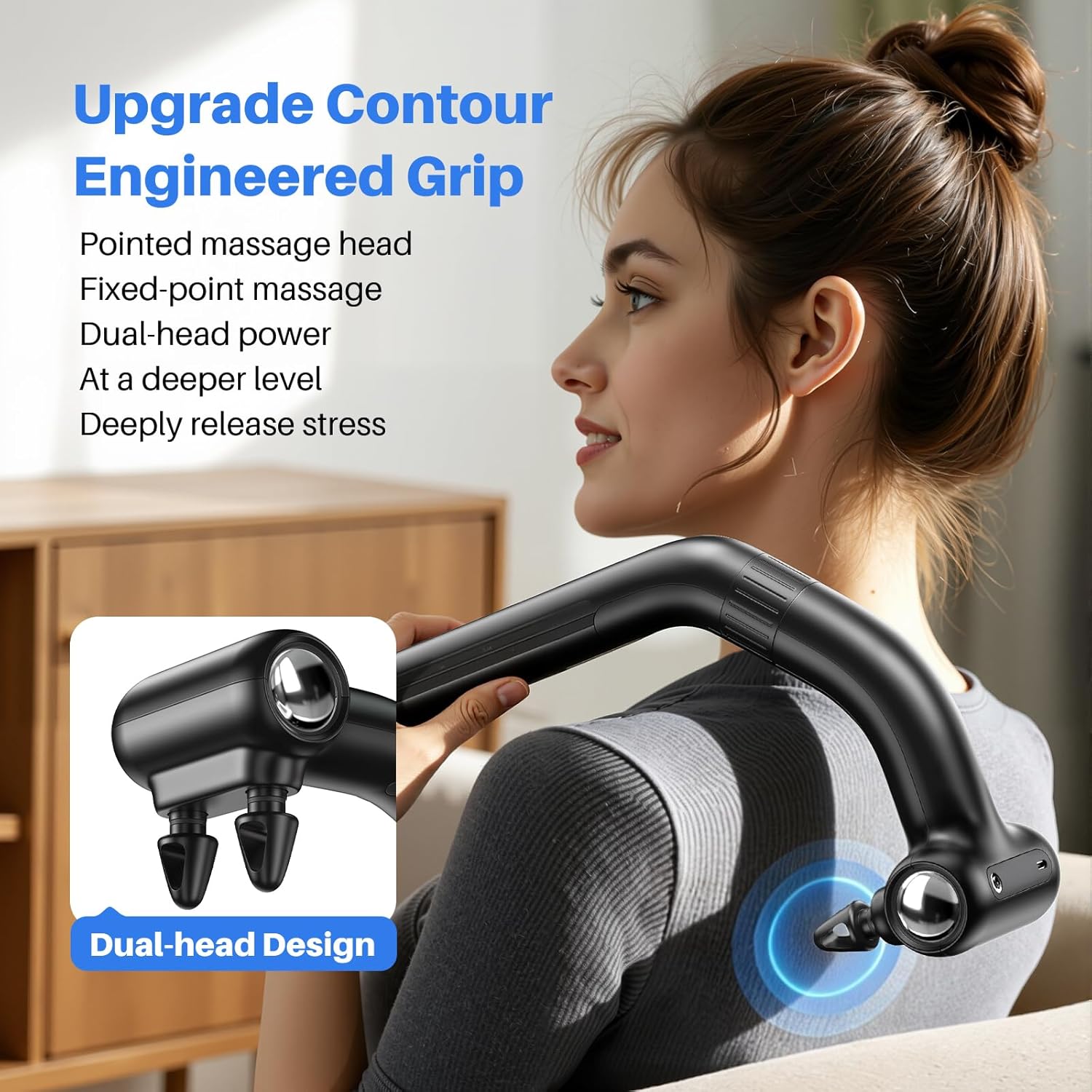 Dual-Head Muscle Massage Gun Pain Relief Deep Tissue, 3-in-1 Percussion Back Massager with Detachable Extension Handle, Muscle Massager for Back, Neck, Shoulder & Body, 6 Speed Levels (Black)