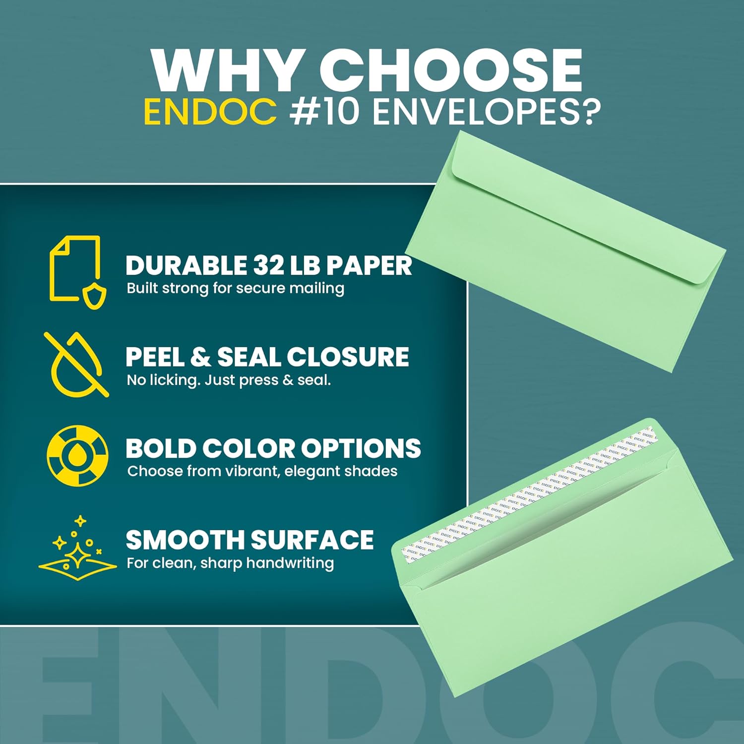 #10 Green Envelopes Self Seal, 500/pack, Colored Envelopes Letter Size 4 1/8 x 9 1/2 inch, Business Envelopes for Cards, Invitations, Holiday, Postcards, Gifts, 32lb Heavyweight Paper