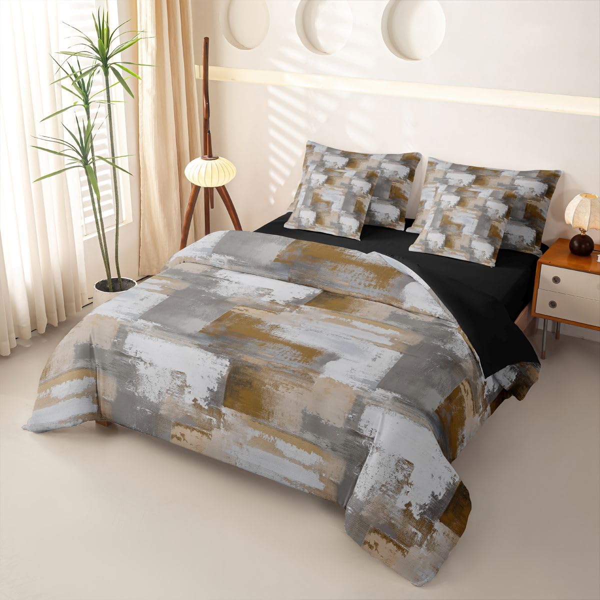 Loussiesd Set di biancheria da letto con copripiumino singolo astratto con lenzuola, per bambini, ragazzi e ragazze, motivo geometrico, marrone, grigio, ombré, 7 pezzi, moderno, sfumato, decorazione