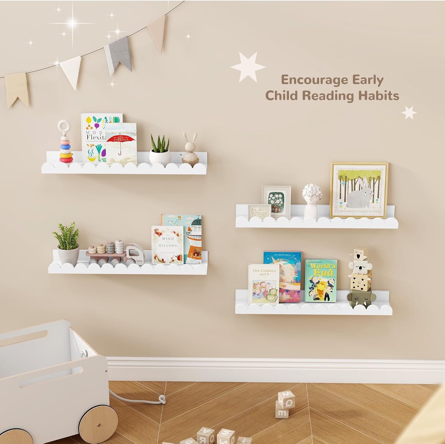 Fun Memories 24 Inch White Nursery Book Shelf, Scalloped Picture Ledge for Wall, Set of 4, Floating Shelves for Toddler Room, Kids Rooms, Bedroom