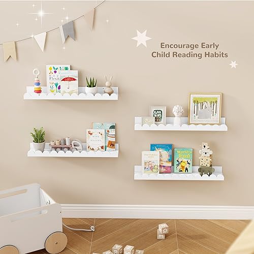 Miniatura 6 de Fun Memories Estantería blanca de 24 pulgadas, repisa festoneada para pared, juego de 4, estantes flotantes para habitación de niños pequeños,
