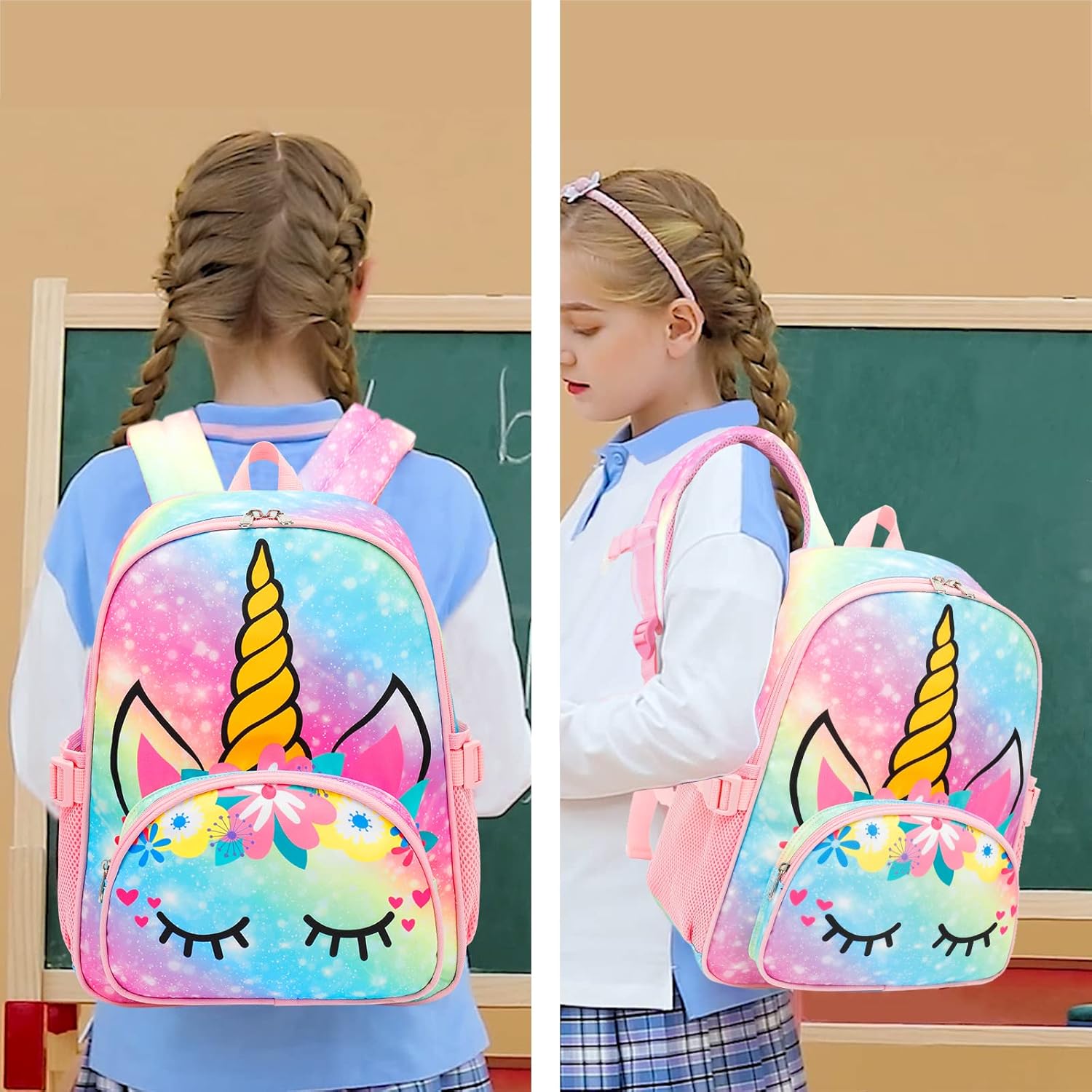 Kids Backpack Girls School Backpack Preschool Kindergarten Unicorn Toddler BookBag with Chest Clip (Slanting Rainbow) - Image 6