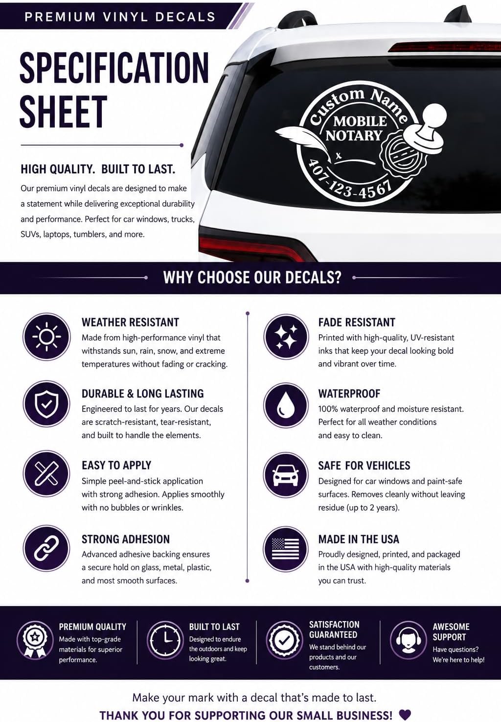 Mobile Notary Car Decal – Custom Name & Phone Number, Notary Public Window Sign, Vinyl Sticker
