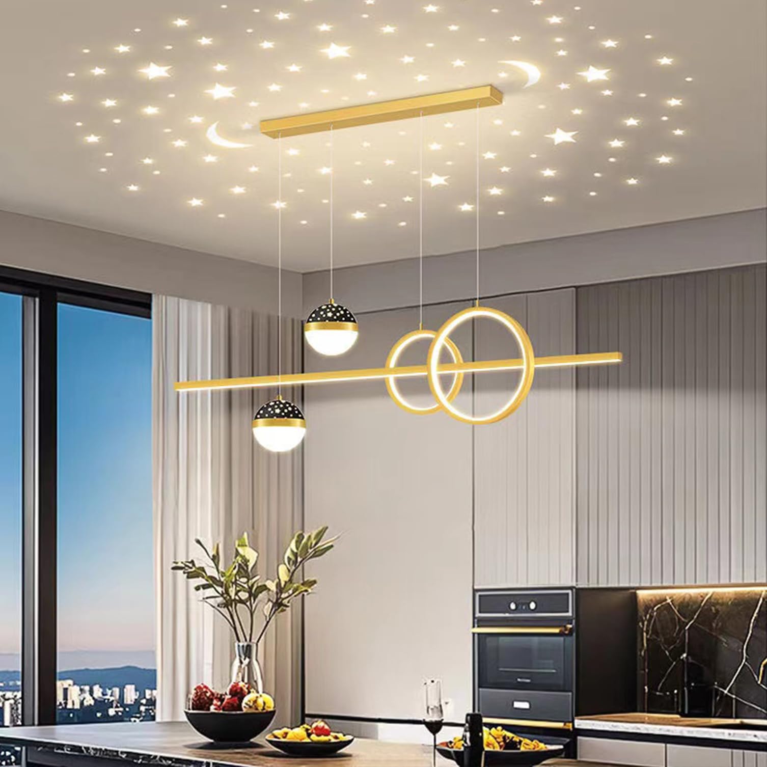 Modern LED Pendant Lamp for Kitchen Islands & Dining Tables, Dimmable with Remote Control, Gold, 100 cm
