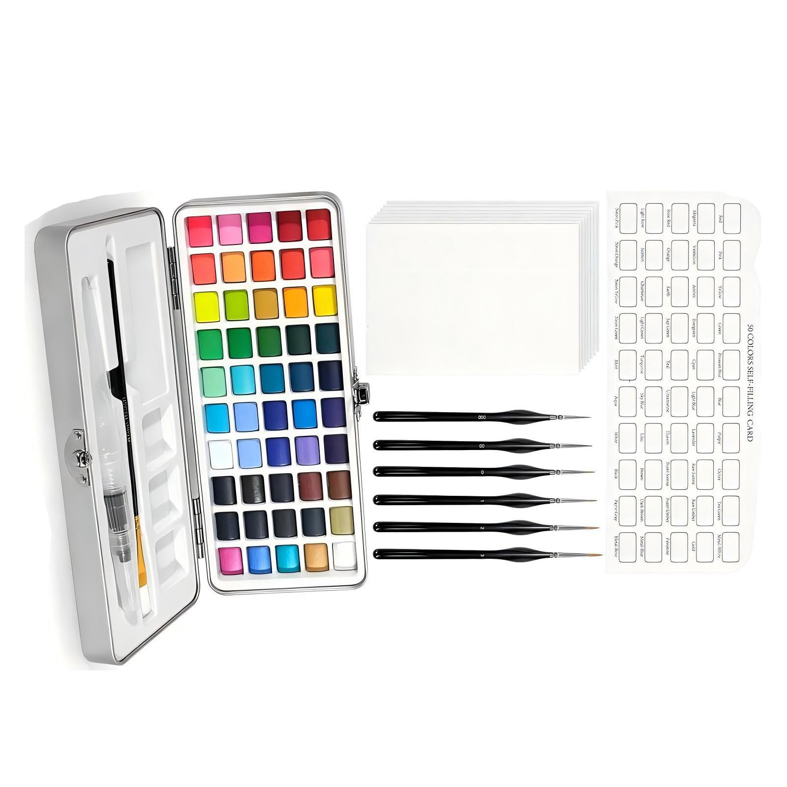 Paletten Set 50 Farben mit Metall Aufbewahrungsbox, Mischflächen, Pinselbündel, Easy Start Malsammlung für Anfänger, Café Zeichnung, tägliches Üben, Aquarell Palette, Malstarter, tragbare Kunst