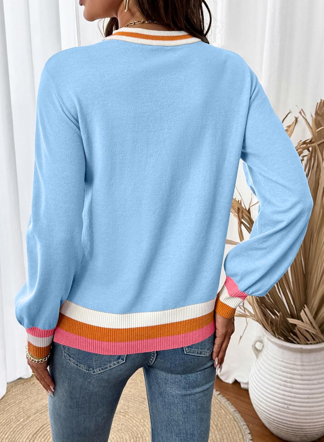 SHEWIN Womens Sweaters Crew Neck Long Sleeve Tops Knit Color Block Fall Outfits for Women 2025 - Image 5