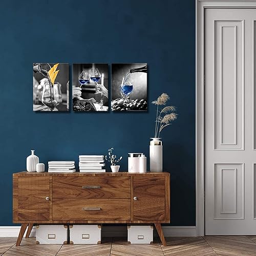 Miniatura 7 de GOOSLA Decoración de pared de cocina, arte de pared de copa de vino, fácil de colgar, lienzo de alta definición, amarillo y azul, imágenes