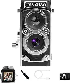 CHUZHAO Mini câmara digital clássica, estilo TLR portátil com ponta e disparo, bolso pequeno compacto 1080P FHD vídeo 12MP Autofocus Vlogging câmara com cartão de 16 GB para iniciantes,