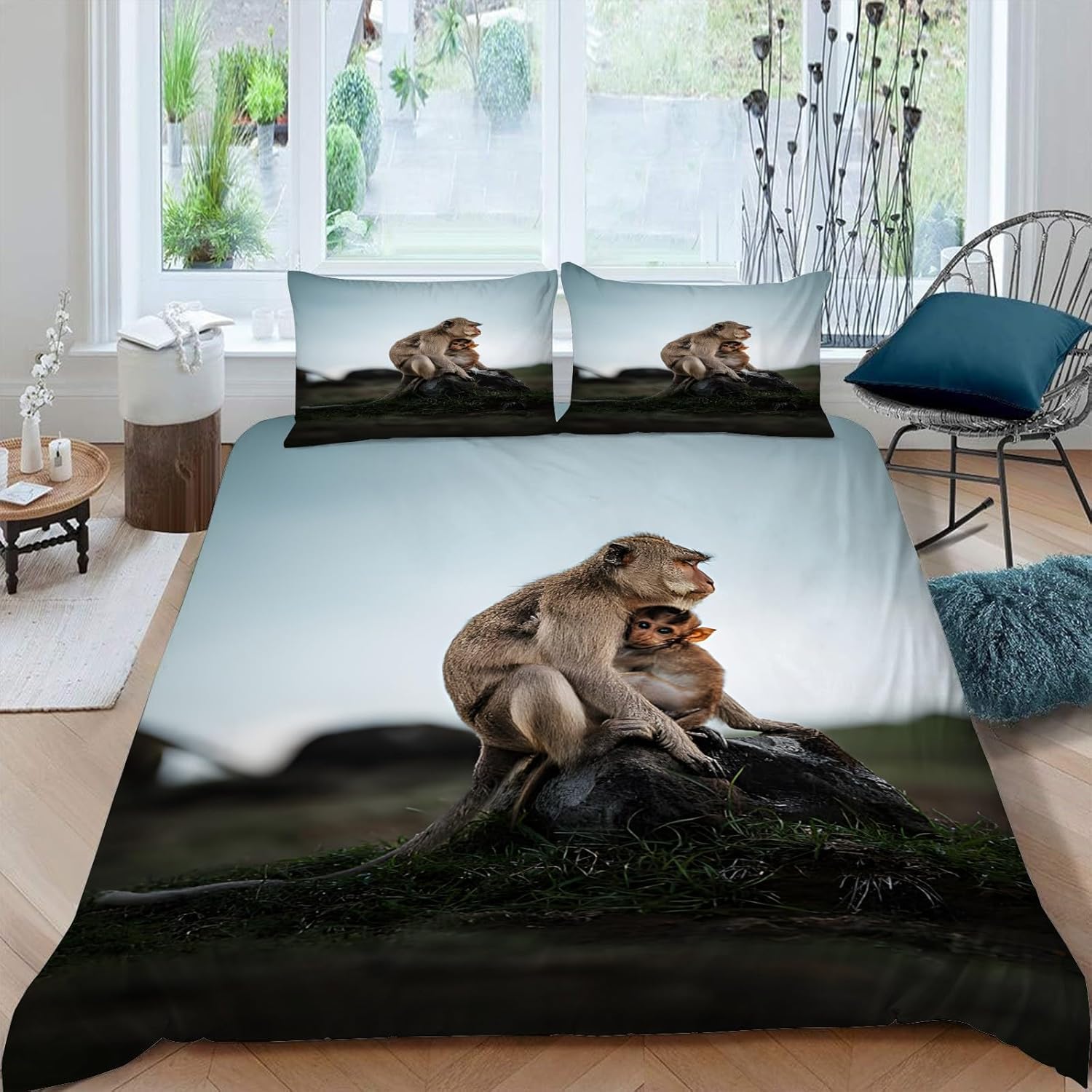 Housse de couette 220x240 macaque en microfibre douce parure de lit animaux sauvages impression 3D