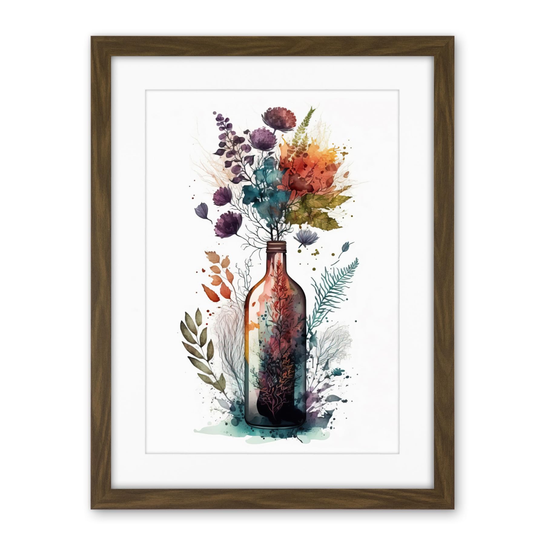 Artery8 Wine Bottle with Wildflower Floral Spring Bouquet Artwork Framed Wall Art Print 18X24 Inch