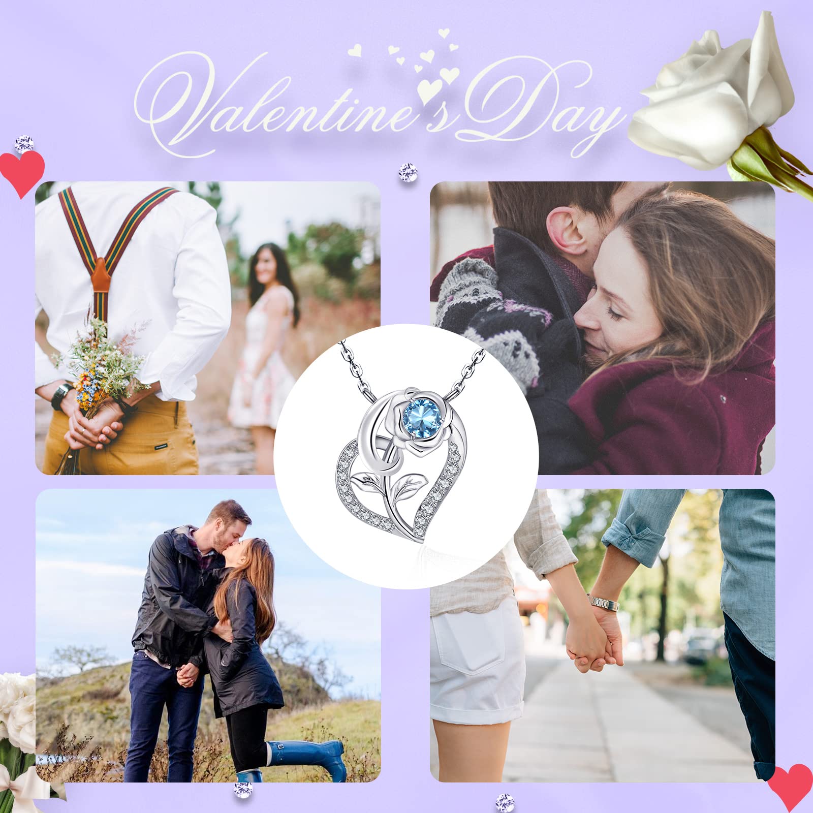 Qings Collar Muje de Corazón Piedras Nacimiento Plata de Ley 925 Collars Rosa Flor Colgante con 5A Circonita Dia de la Madre San Valentin Navidad Joyeria Regalo para Madre Hija Niñas