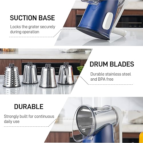 Miniatura 8 de VEKAYA Rallador de queso, rallador de queso, manivela de mano, 4 cuchillas intercambiables, triturador de queso, rebanador de verduras, base de