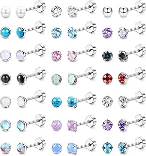 21Pairs Hypoallergenic Screw Back Stud Earrings for Women Men 20G Tiny Surgical Steel Flat Back Stud Earrings Set CZ Opal Moonstone Turquoise Flatback Earrings Studs Set Cartilage Earrings