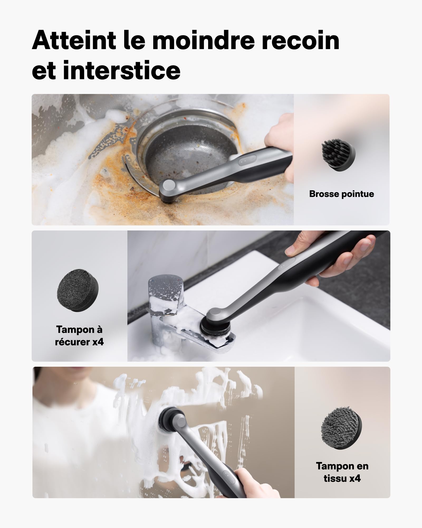 HOTO Wand™ Brosse Nettoyage Electrique Rechargeable IPX7 Étanche, Brosse Électrique Nettoyante Rotative | 12 Têtes Interchangeables - Joints, coins, cuisine & salle de bain