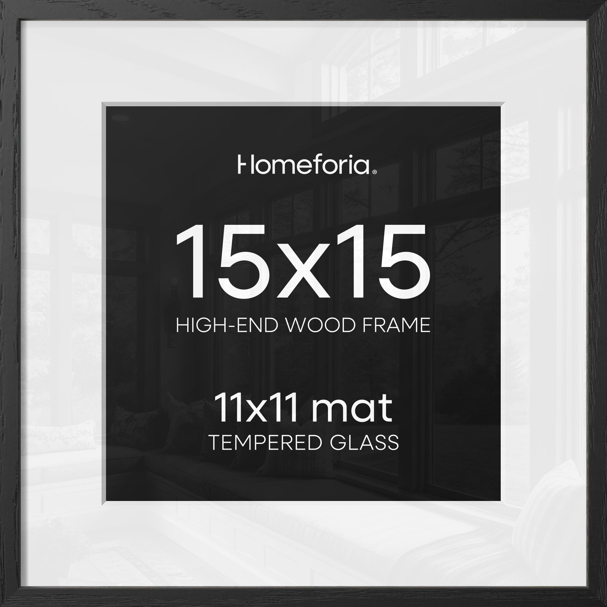 Homeforia 15x15 Black Oak Picture Frame, High-End Wood, 11x11 Mat, Glass | High End Solid Oak Wood, Tempered Glass, Acid-Free 11x11 Removable Mat, 15x15 Edge-to-Edge Display 15x15, Wall Kit, Set Of 2