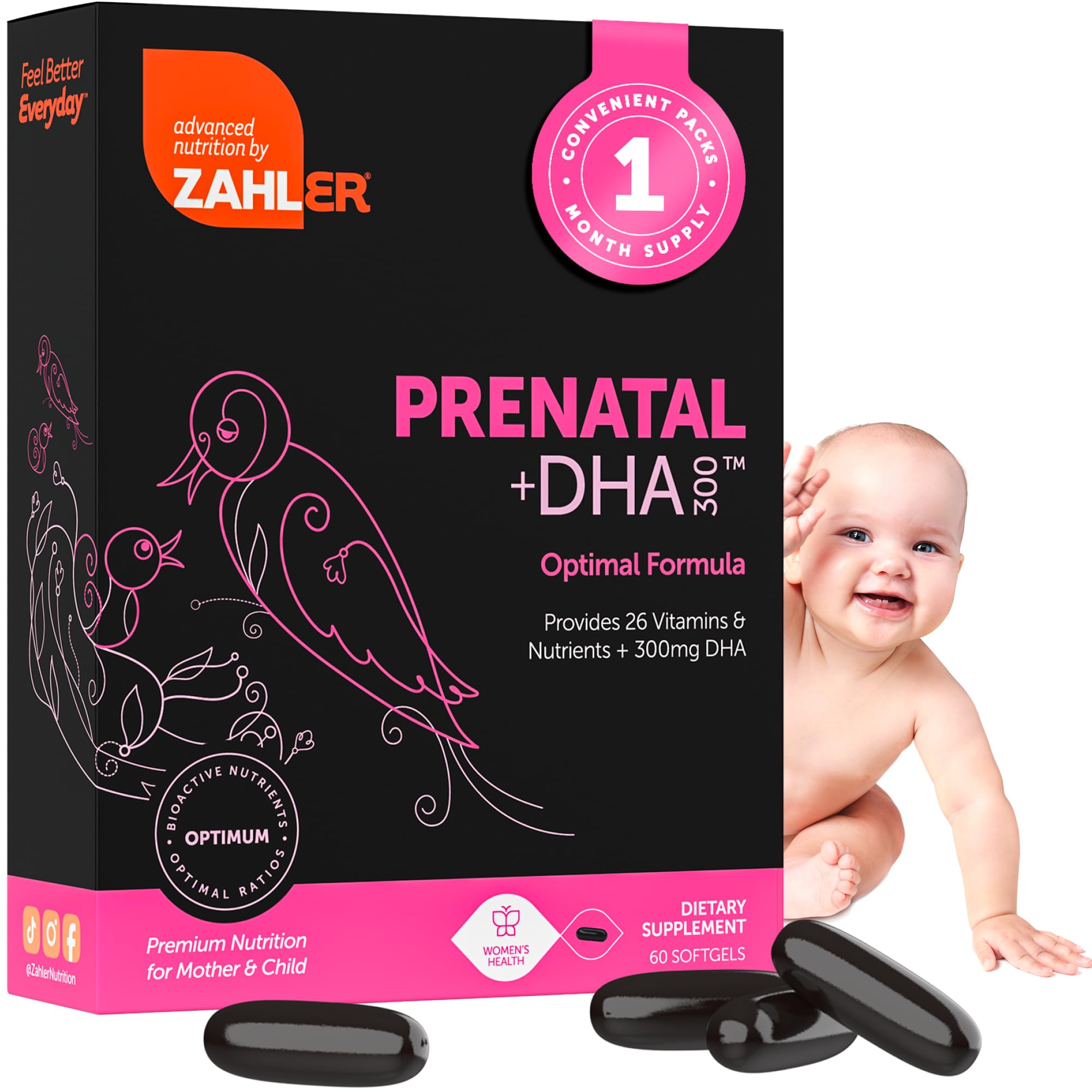 Zahler Prenatal Vitamin with DHA & Folate - DHA Supplements & Prenatal Multivitamin for Mother and Child - Kosher Prenatal DHA Prenatal Vitamins with Iron, Pre Natal Softgels 60 Count